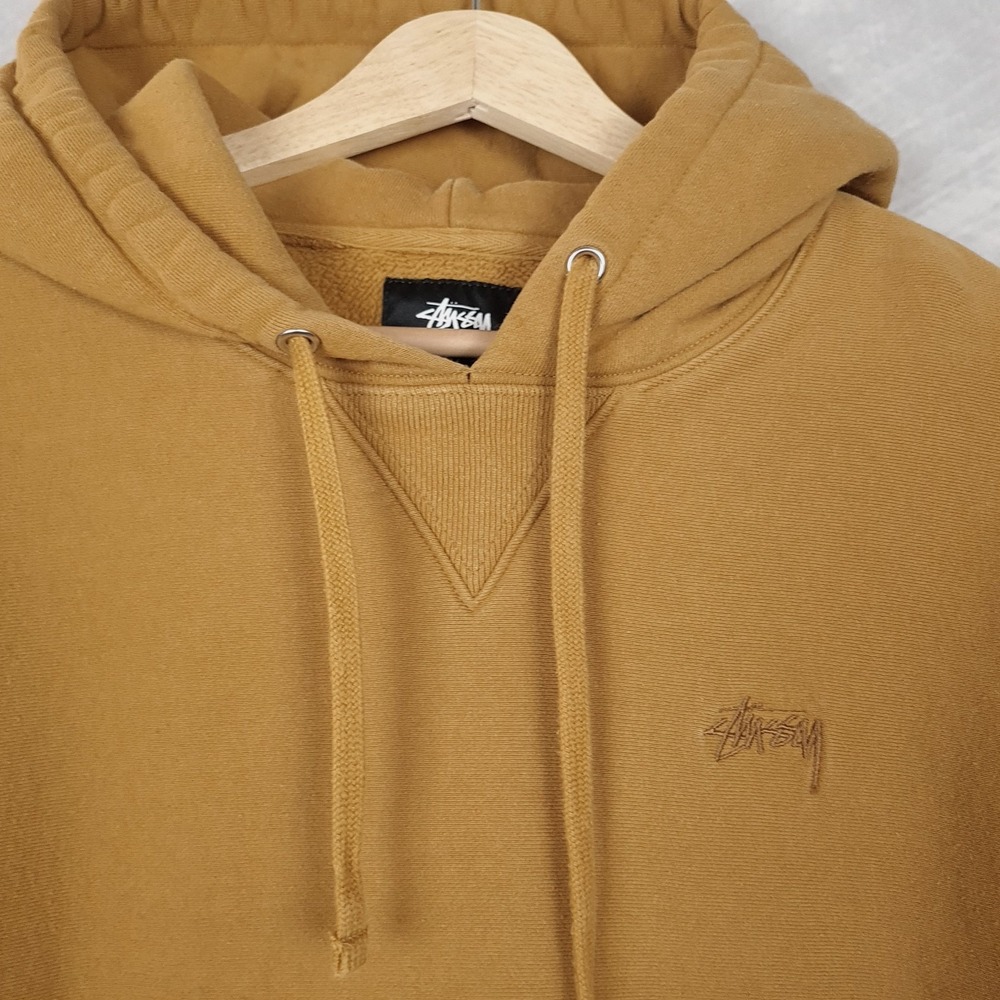 Stussy Hoodie Mens Small Rust Yellow Fleece Pullover Sweatshirt Embroidered Logo